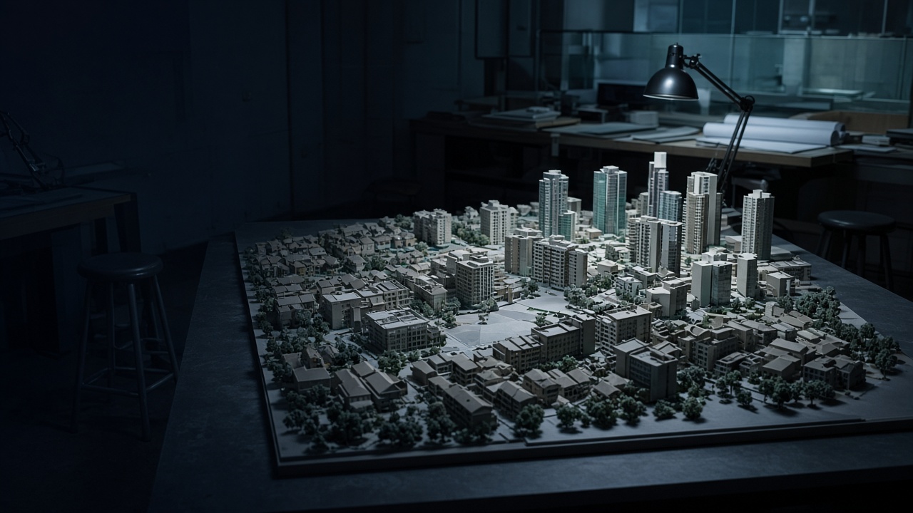 A quiet research studio with a physical city model of mixed housing types on a large table.