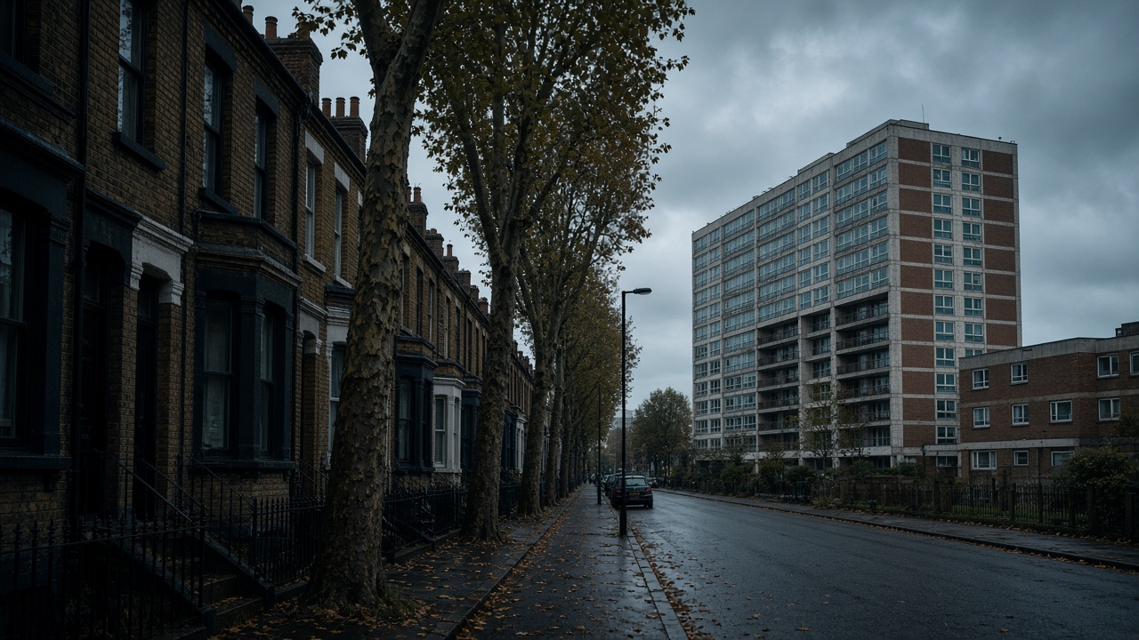 London brick terraces and a postwar housing estate sharing one street in overcast light.