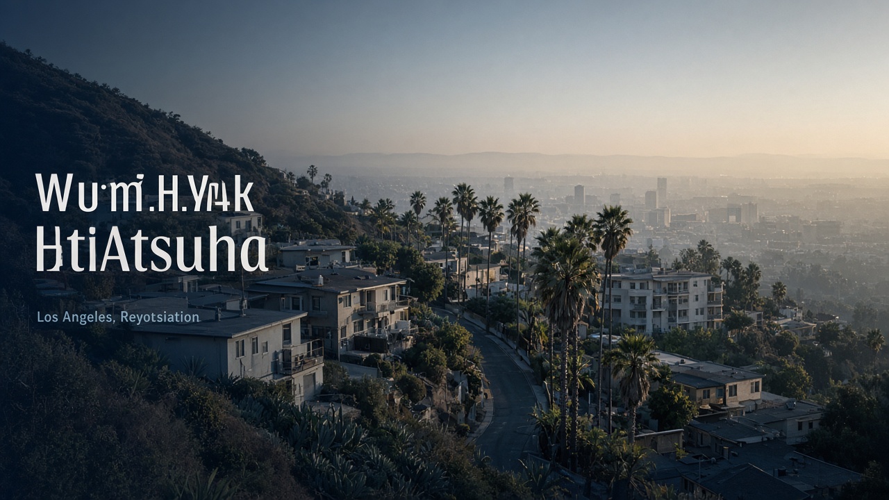 Los Angeles hillside housing and palm-lined streets climbing toward a hazy basin.