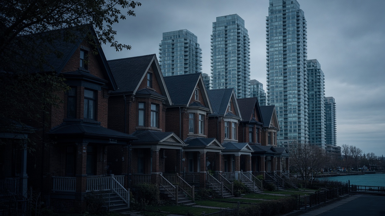 Toronto brick houses in the foreground with glass condominium towers rising behind them.