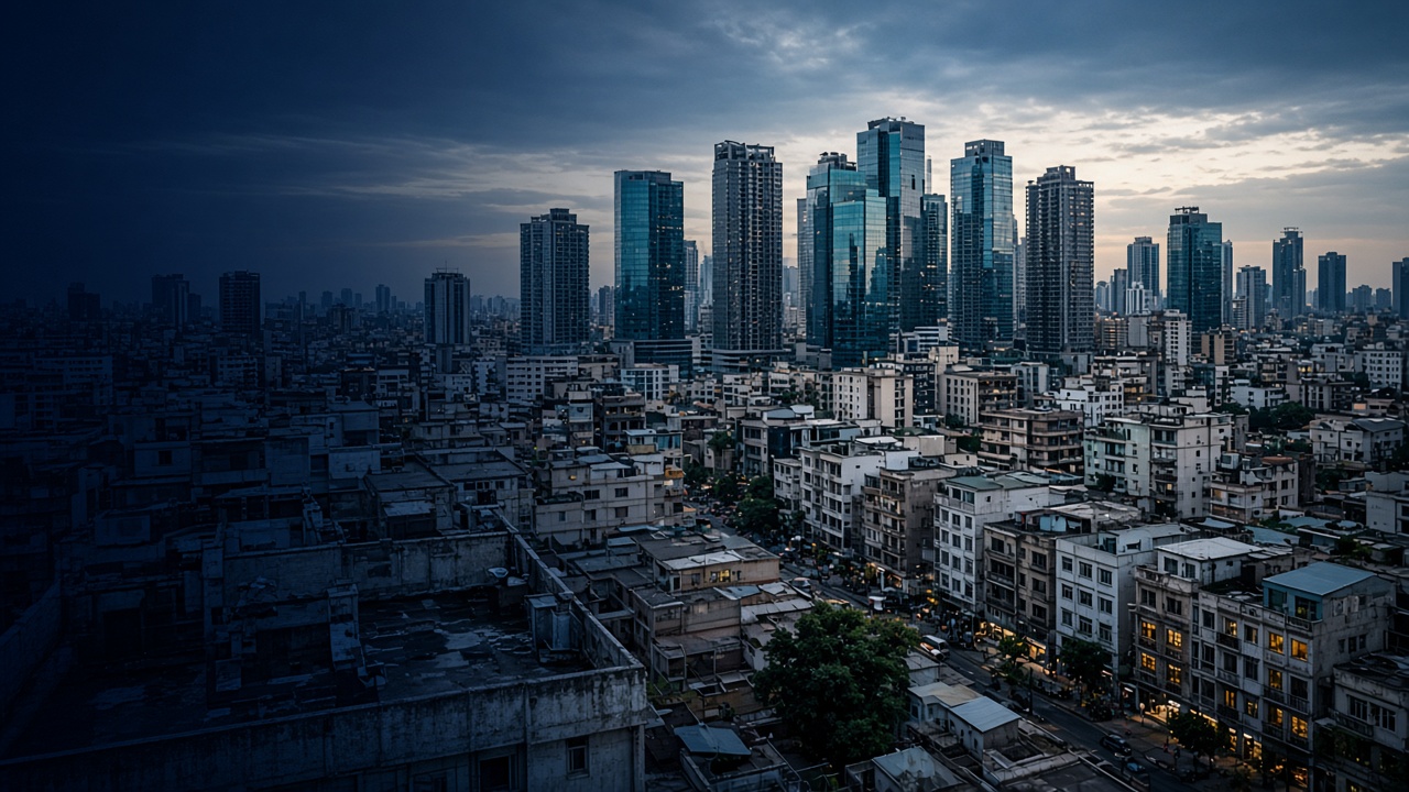Rooftop view of a dense urban core where towers, courtyards, and street housing occupy the same frame.