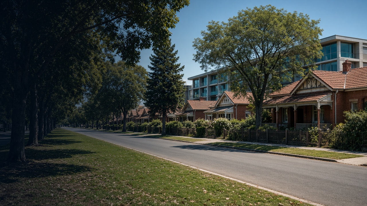 Australian Federation-era houses beside newer low apartments on a sunlit suburban street.
