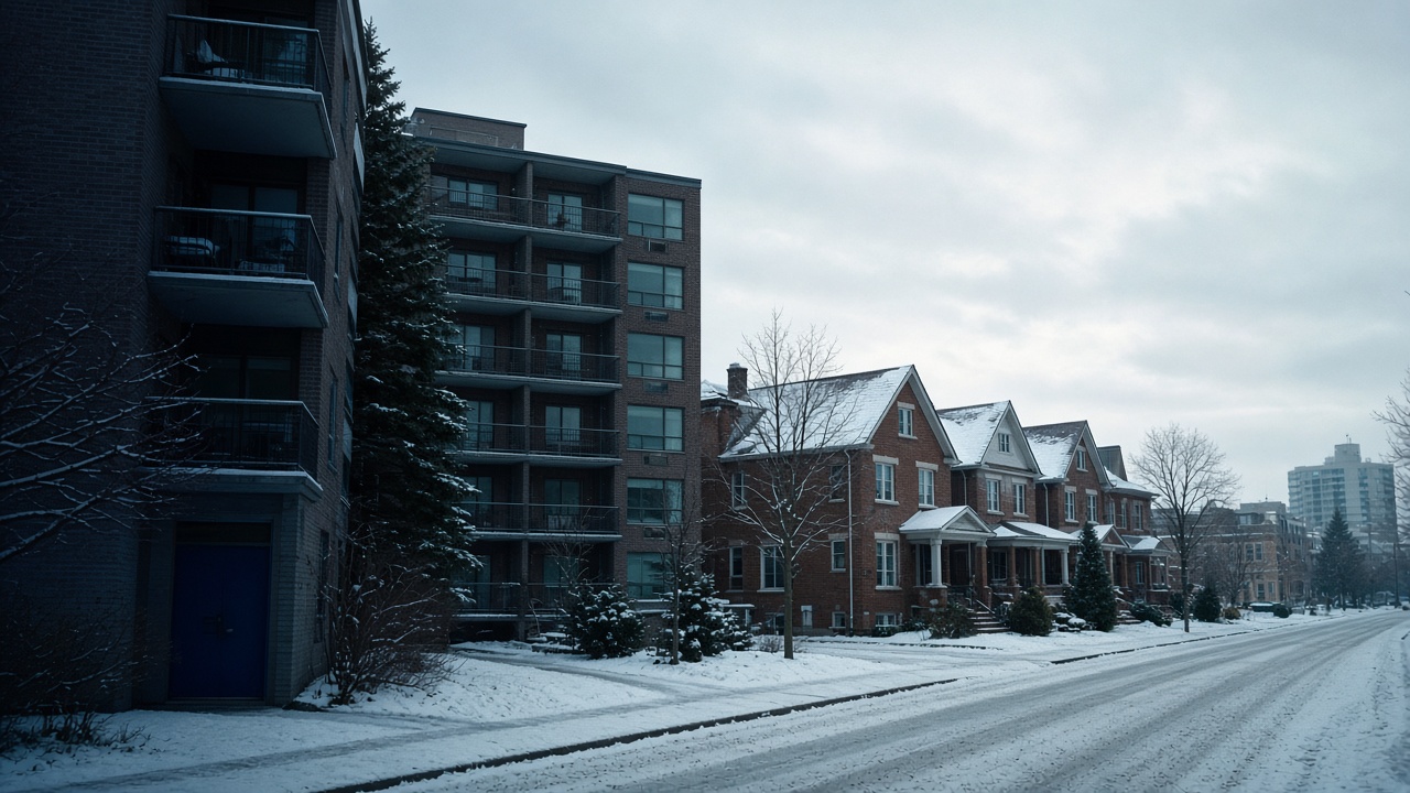 Snow-dusted Canadian mid-rise apartments and brick houses along a quiet winter street.