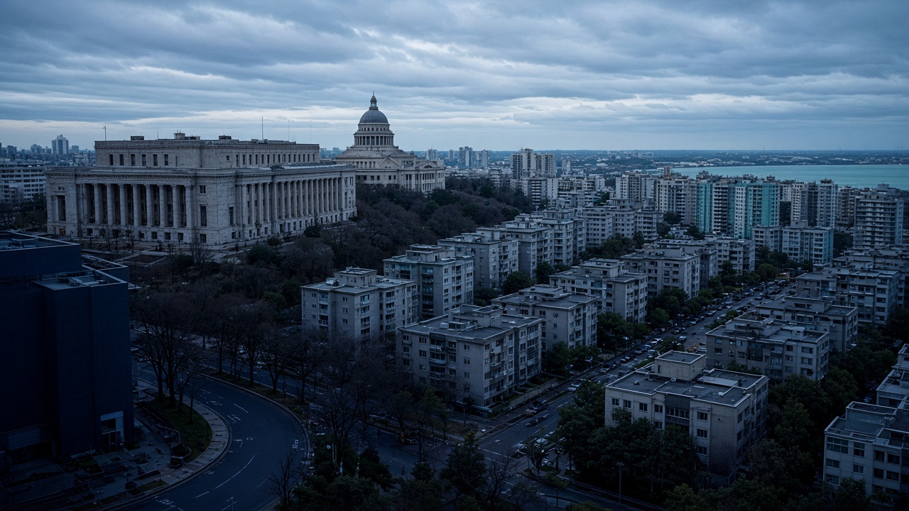 National capital housing districts stretching from government buildings toward ordinary apartment blocks.