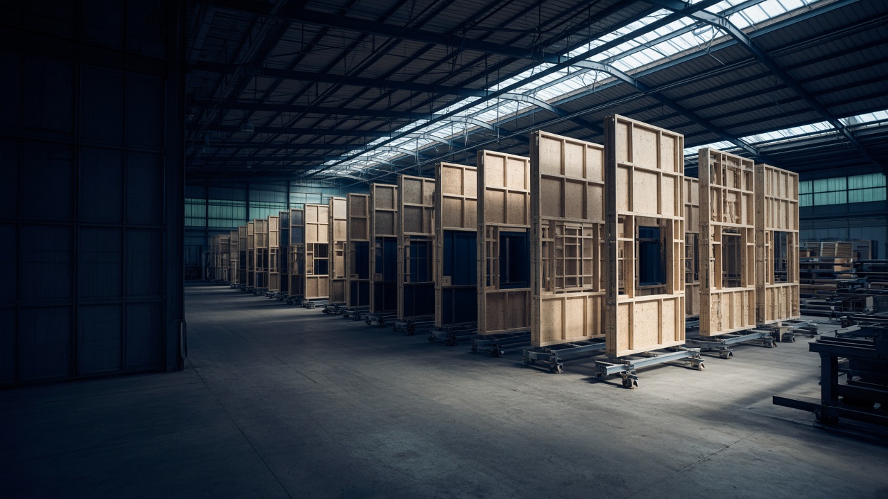 A housing factory floor with prefabricated timber wall panels staged for assembly.