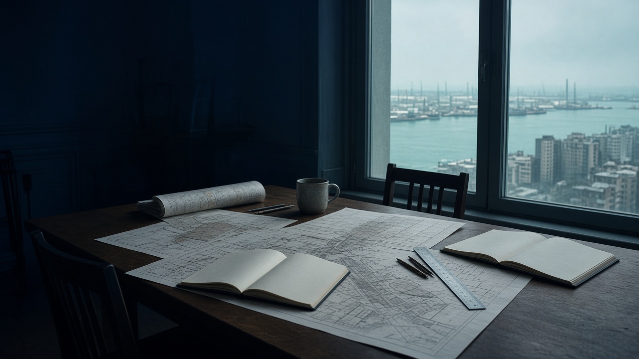 A research table covered with printed city maps, housing plans, and notebooks beside a window.
