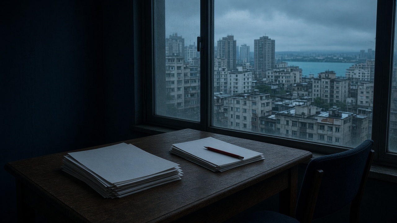 An editorial desk with manuscripts, a red pencil, and a city housing view beyond the window.