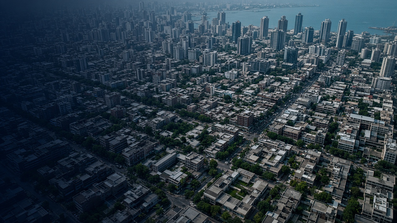 High aerial of mixed urban fabrics — courtyards, grids, and towers — suggesting a map of housing types.