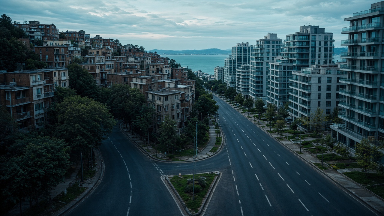 A forked urban roadway splitting toward two different residential districts.