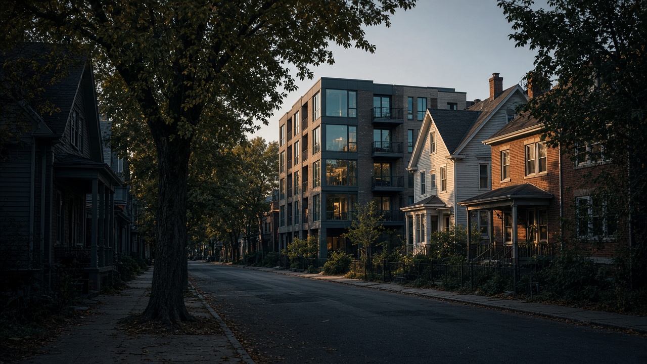 New infill apartments fitted between older houses on a tree-lined street.