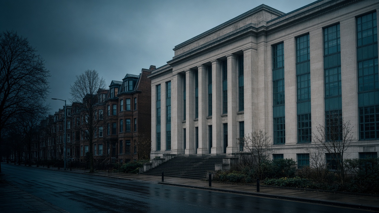 A civic planning building and adjacent housing stock photographed from the street, with no signage.