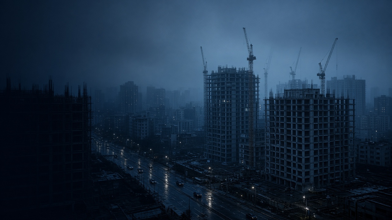 A foggy skyline of cranes and unfinished residential towers at blue hour.