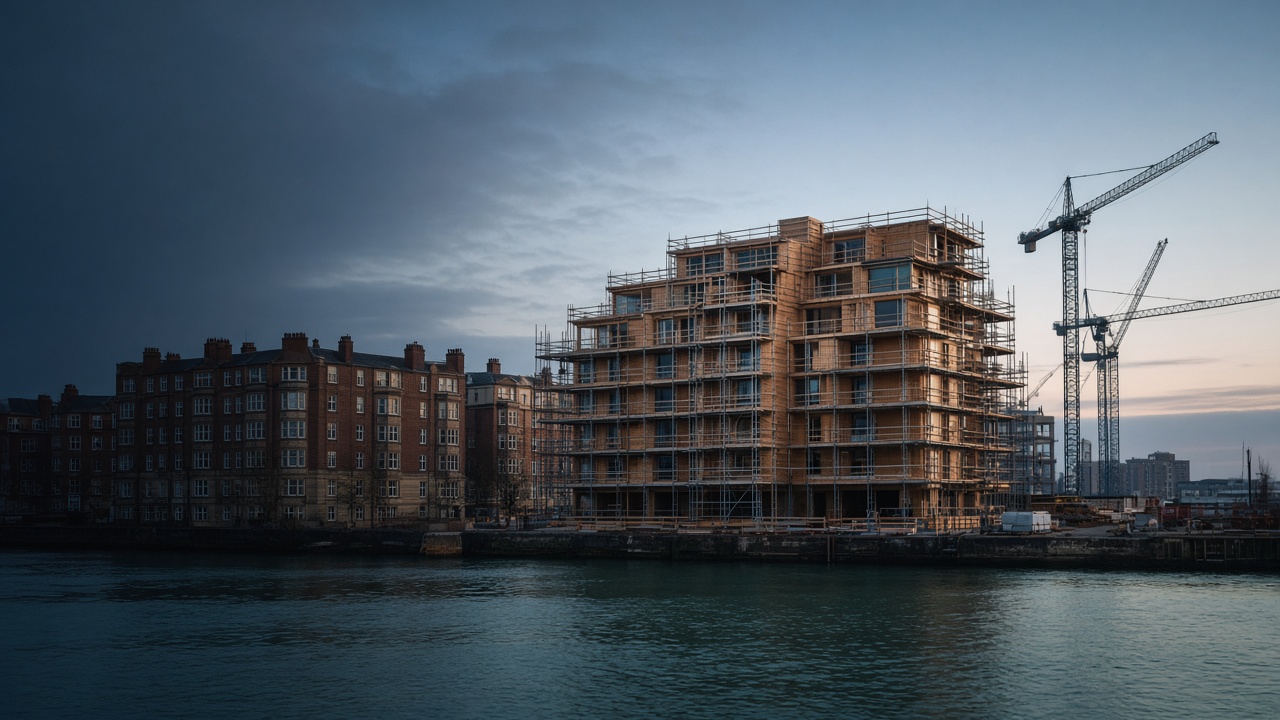 New timber mid-rise housing rising on scaffolding beside older brick apartments.
