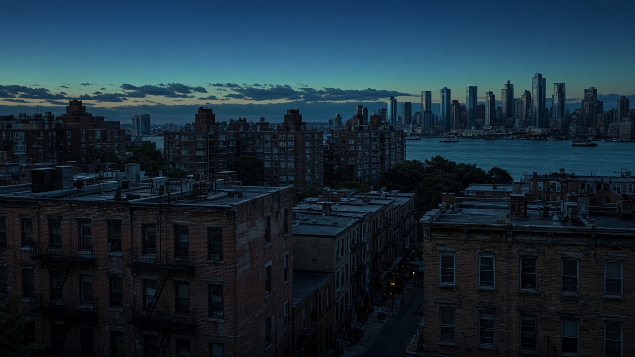 A coastal city at dusk, with layered housing from older walk-ups to towers beside a harbor.