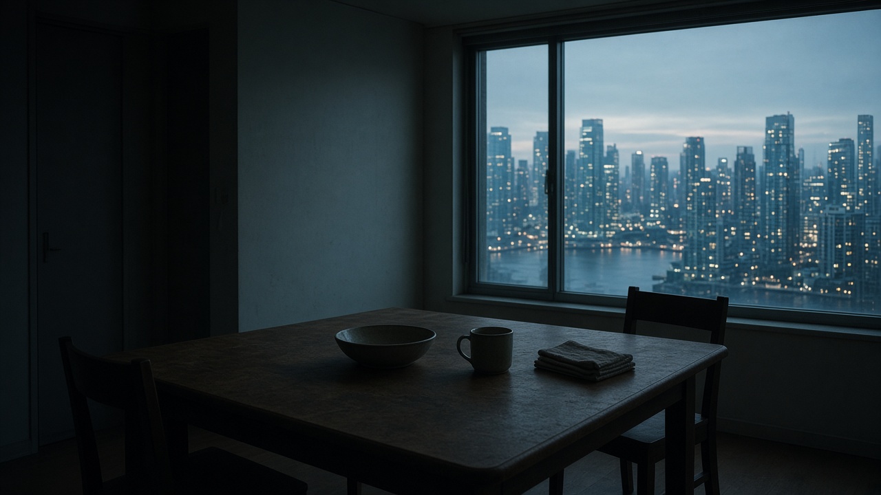 An empty small-apartment dining table with a single window onto a costly-looking skyline.
