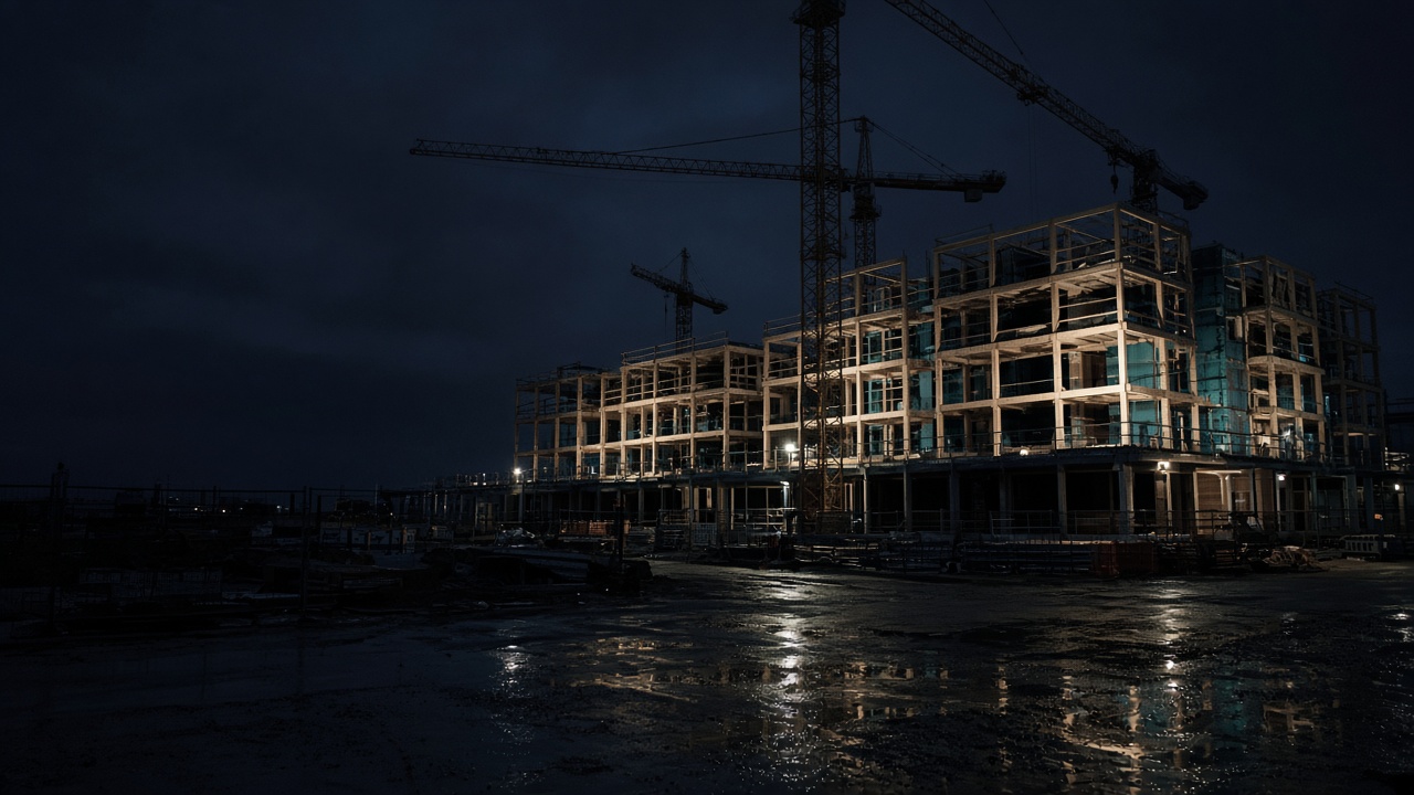 Mass-timber residential construction lit at night, cranes still against a dark sky.
