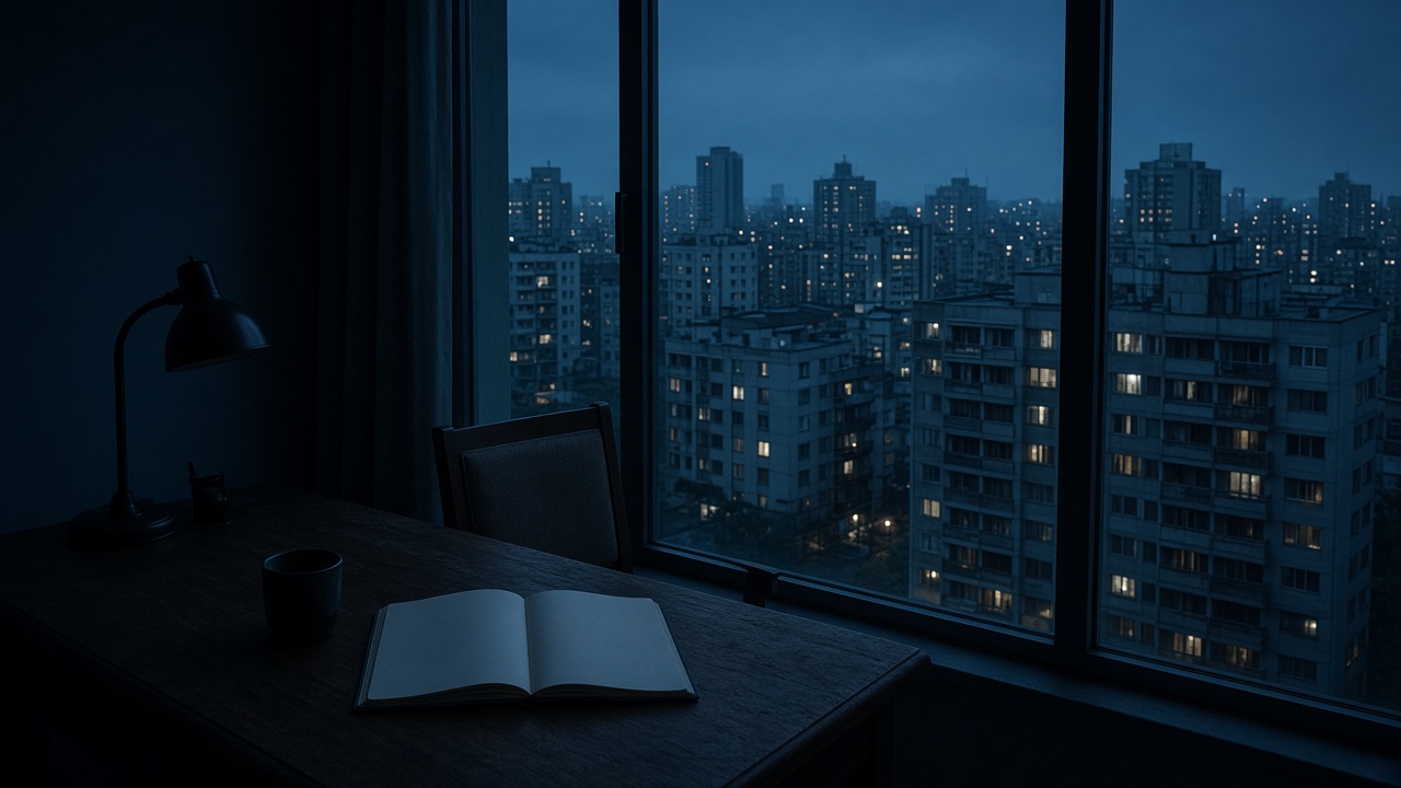A writing desk overlooking dense urban housing through a tall window at dusk.