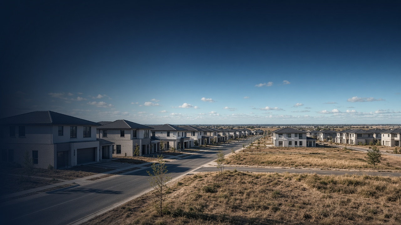 A new Australian housing estate of similar detached houses under a wide sky.