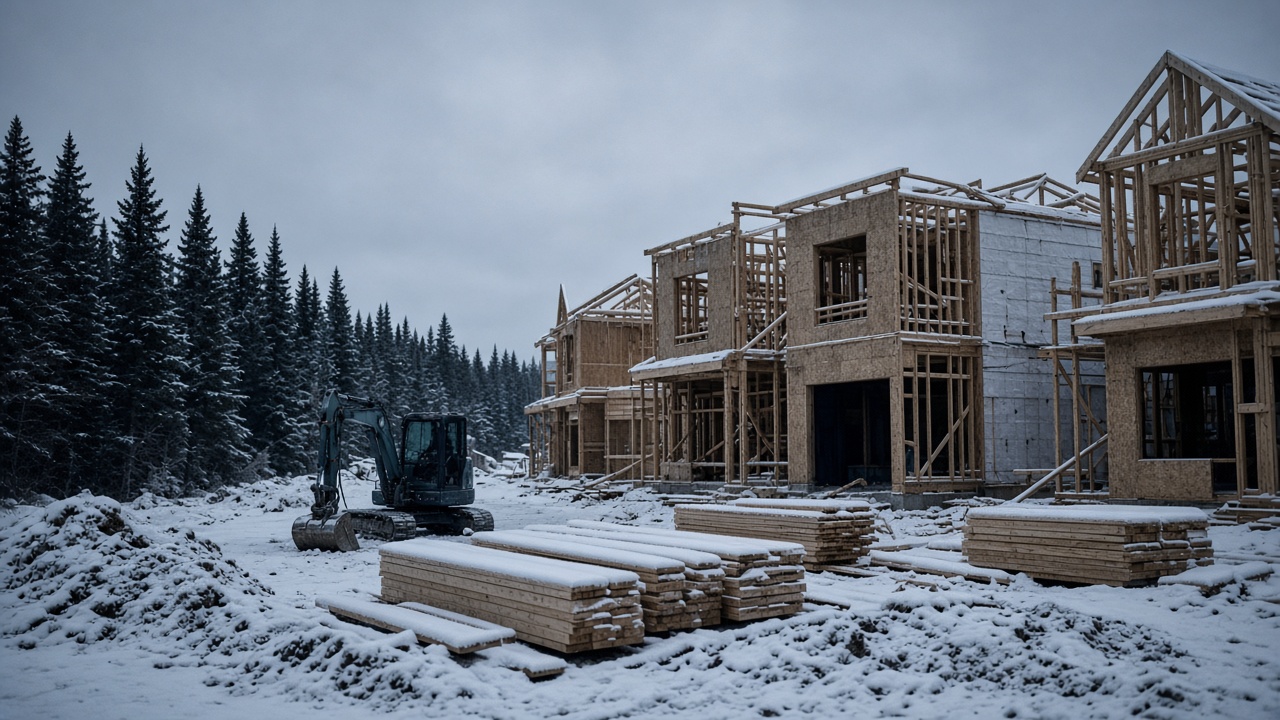 A Canadian winter construction site of new wood-frame houses under snow.