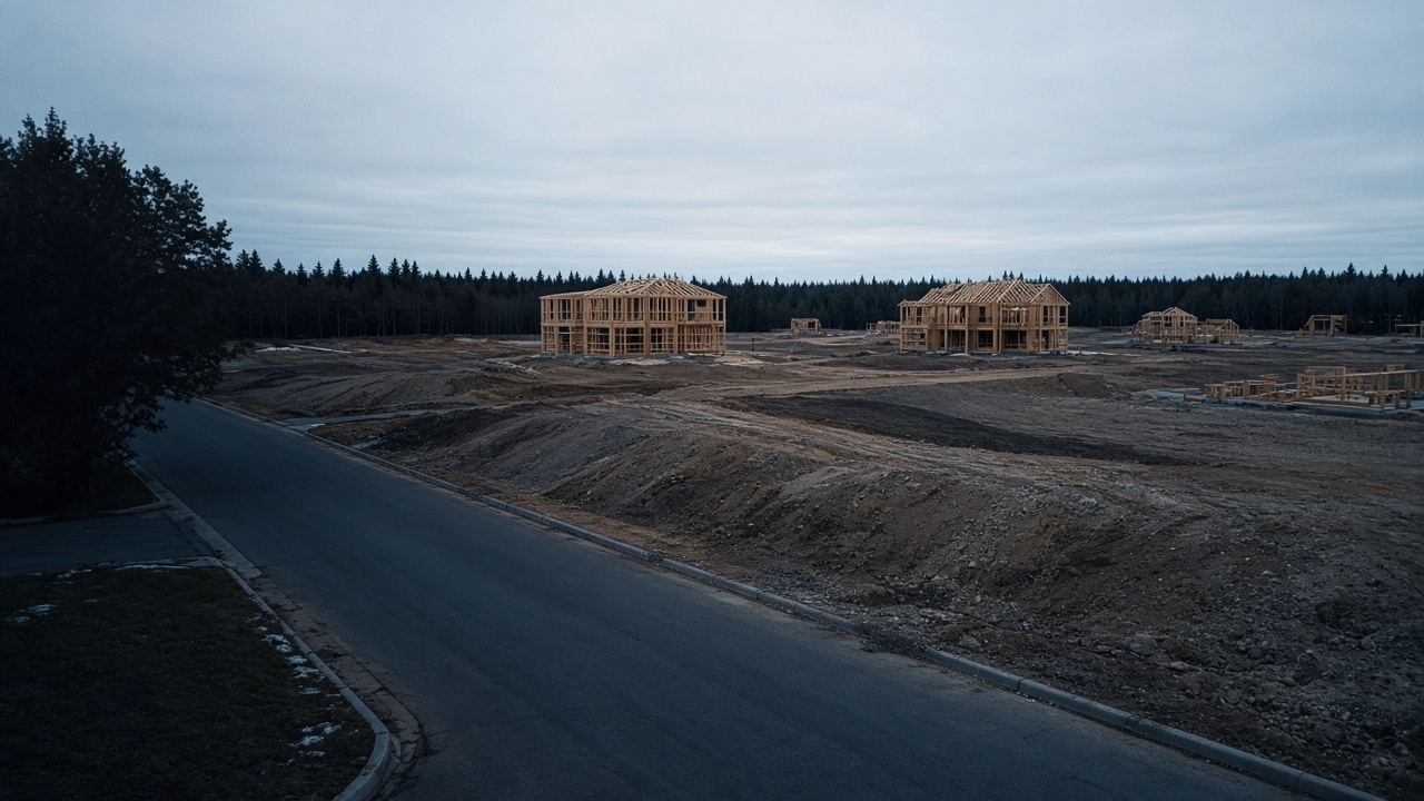 Canadian suburban lots with a few framed houses and wide empty plots between them.