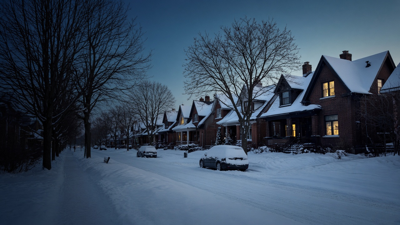 A quiet snowy Canadian residential street of brick houses with no signage.