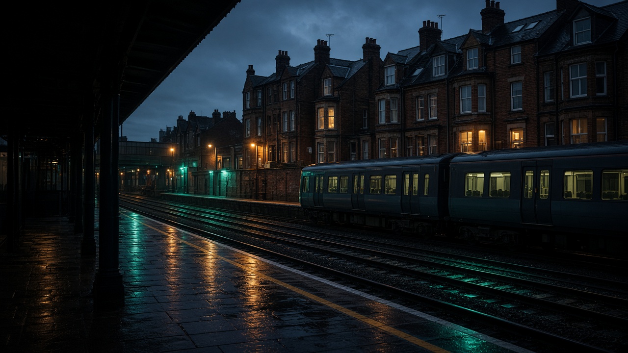 Brick homes clustered around a British railway station platform at dusk.