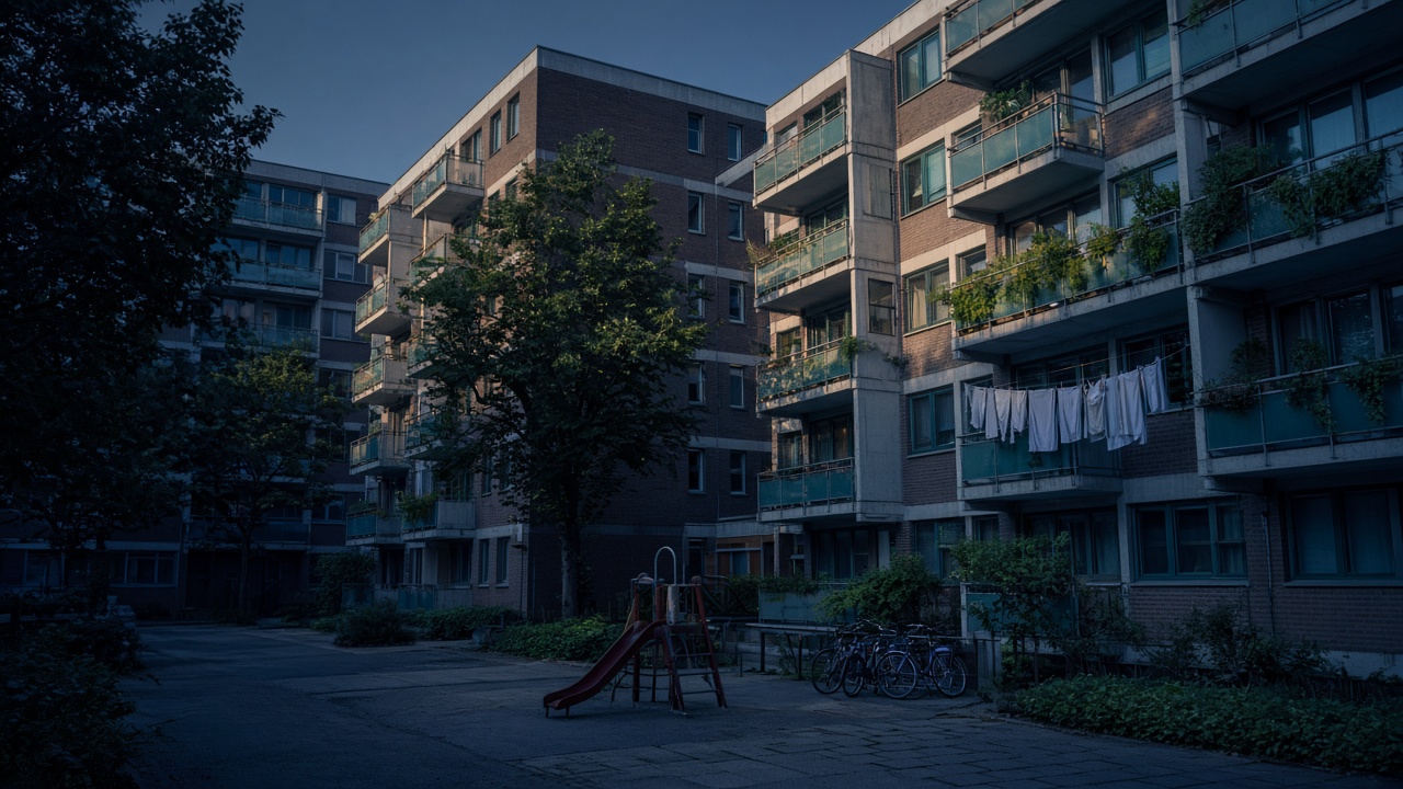 European social-housing blocks with shared courtyards and balconies, photographed respectfully.