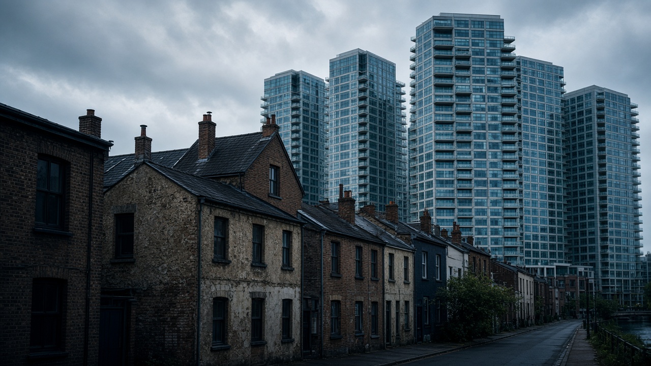 Older low-rise housing in the foreground against a wall of new glass residential towers.