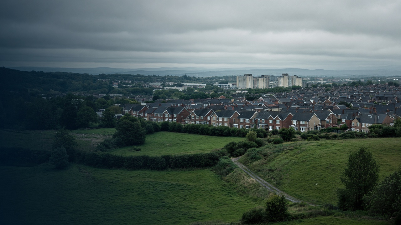 Green English fields meeting a dense edge of new and older housing.