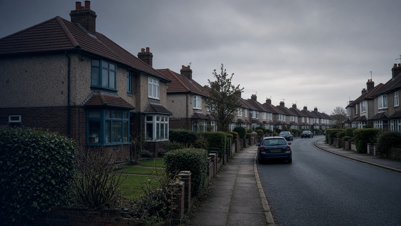 Quiet English semi-detached houses with tiled roofs and small front gardens.