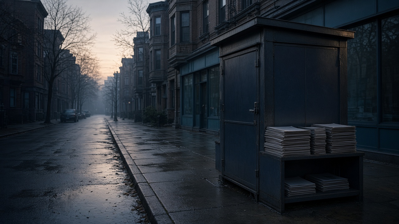 A city newsstand at dawn on a residential street, with papers stacked but no readable headlines.