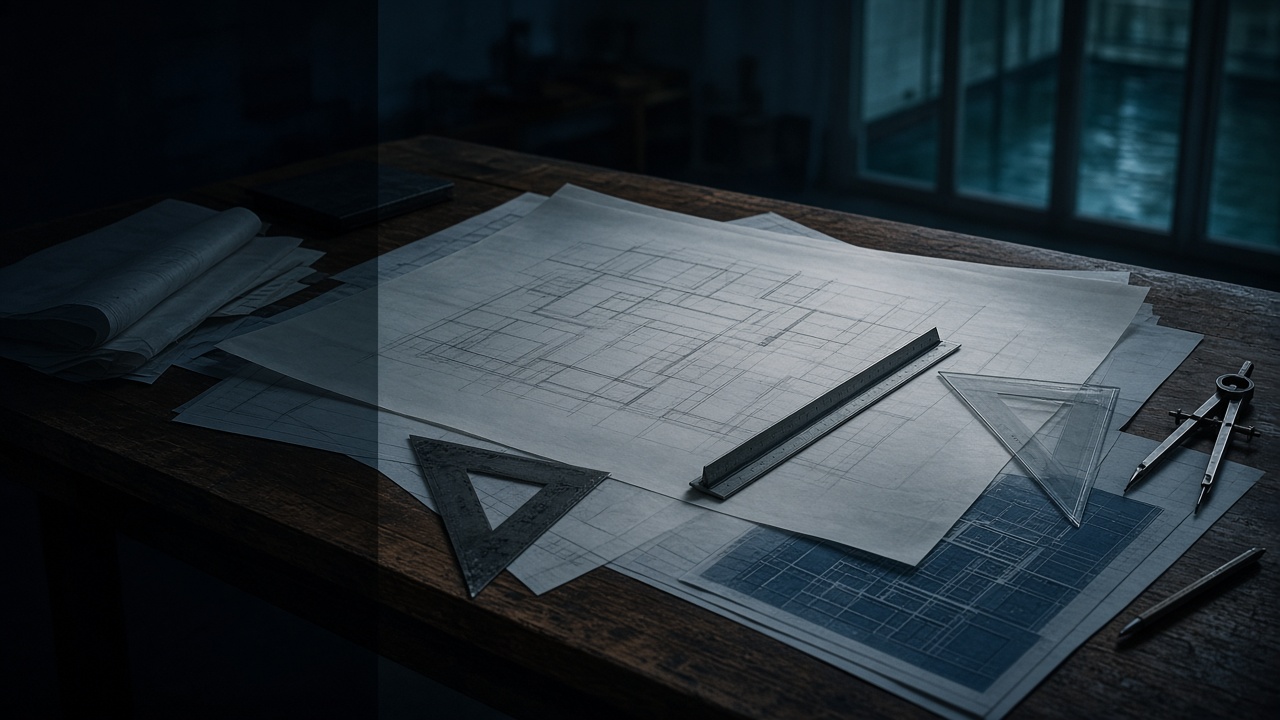 Measuring tools, tracing paper, and housing plans arranged on a drafting table.