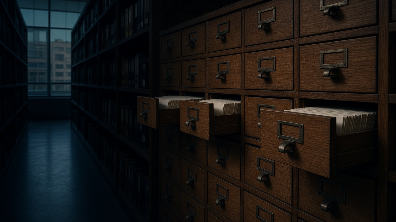 Wooden card-catalog drawers in an architecture library aisle, slightly open, with no readable labels.