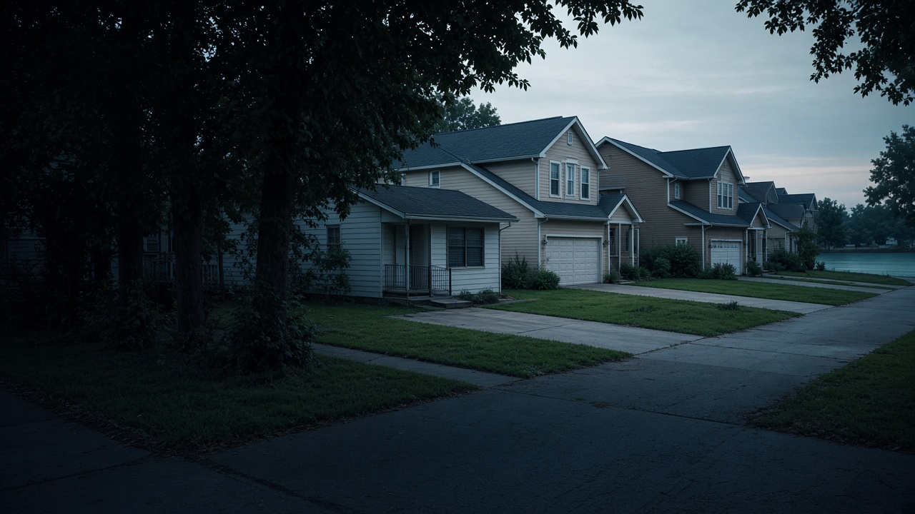 A row of similar suburban houses, one noticeably smaller than its neighbors.