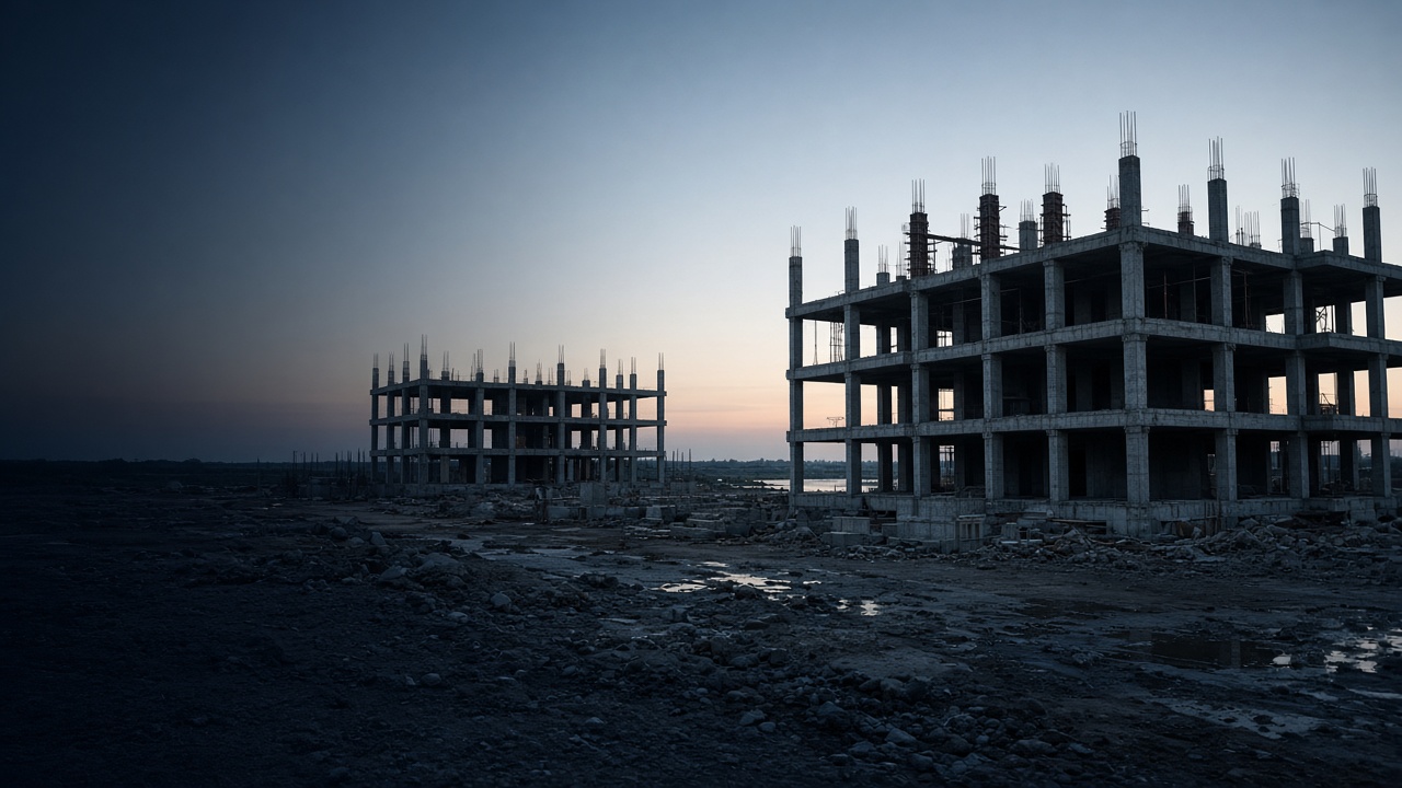 Unfinished residential frames standing empty on a large construction site at dawn.