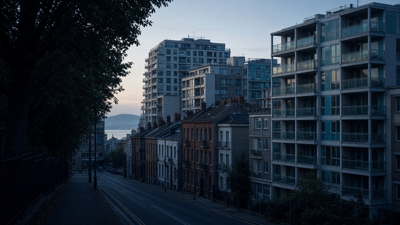 Contemporary city housing at morning, mixing mid-rises, balconies, and older walk-ups in one frame.