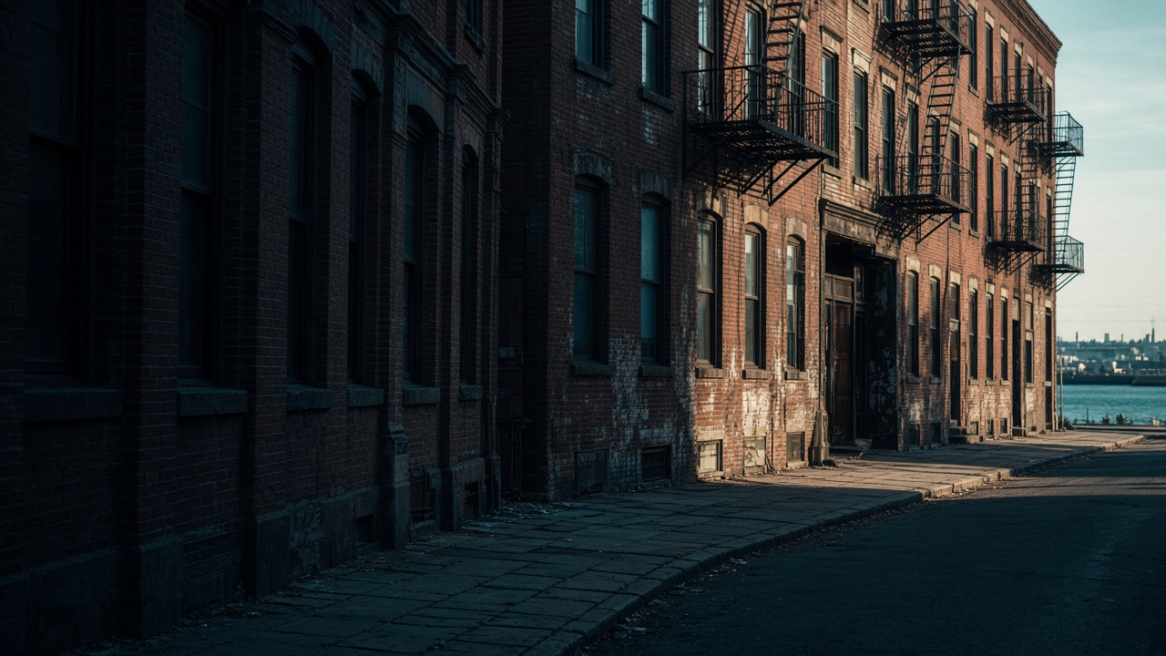Historic brick tenement facades along a worn urban street in late-afternoon light.