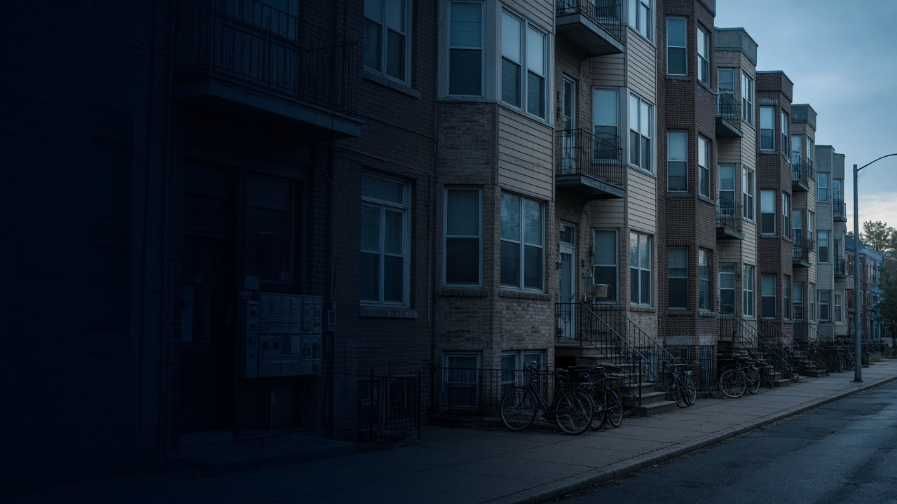 Stacked rental walk-ups with shared stairwells, mailboxes, and bicycles along a city sidewalk.