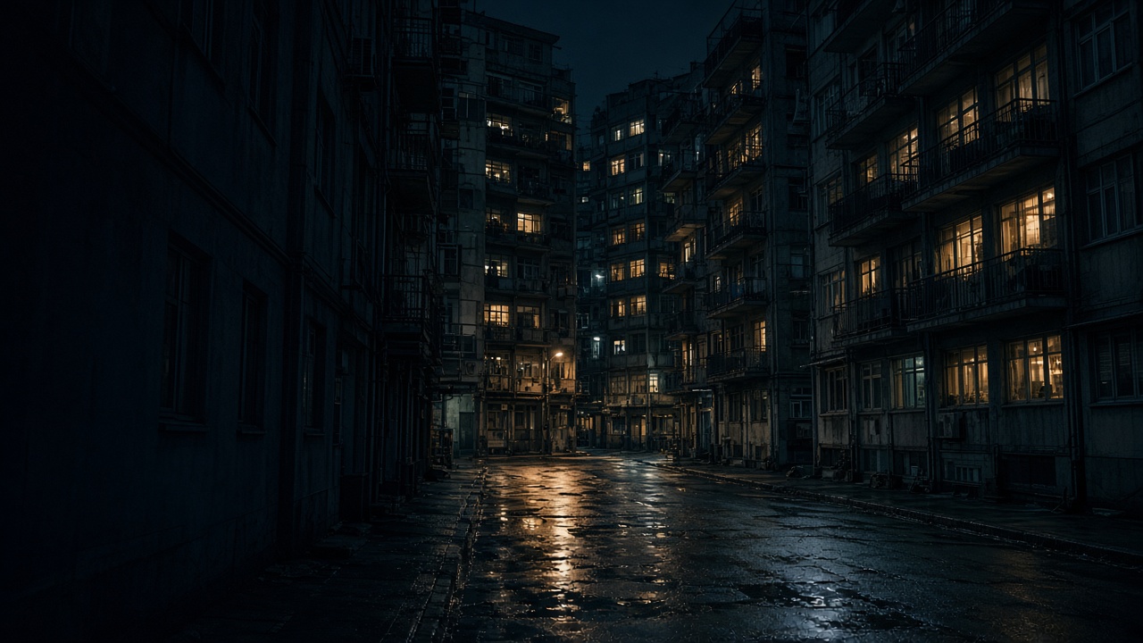Night view down a dense residential street where apartment windows stack tightly above a narrow roadway.