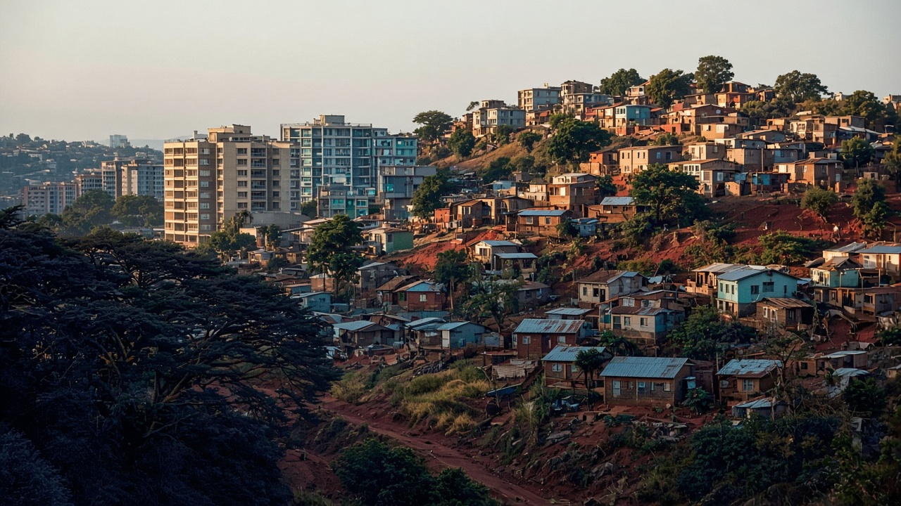 Formal apartment blocks and self-built hillside housing sharing one African city hillside, photographed with dignity.